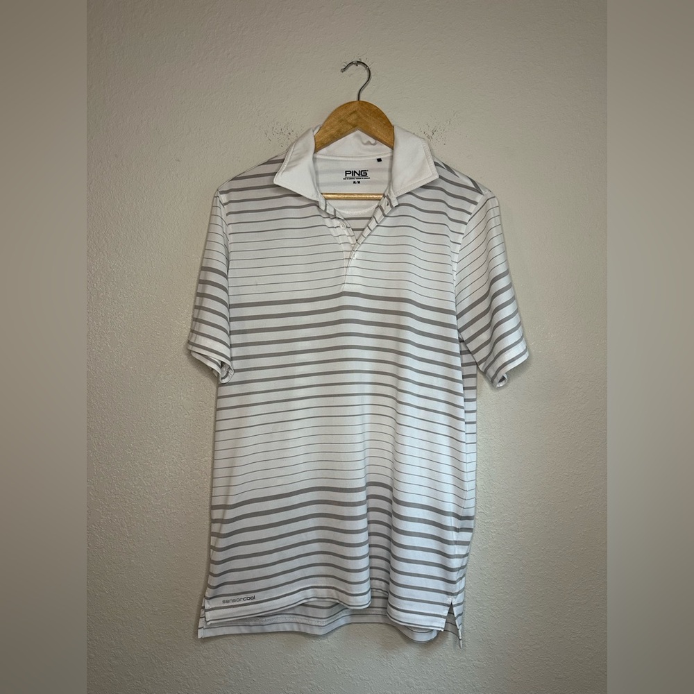 PING Grey & White Striped Polo Shirt Size Medium